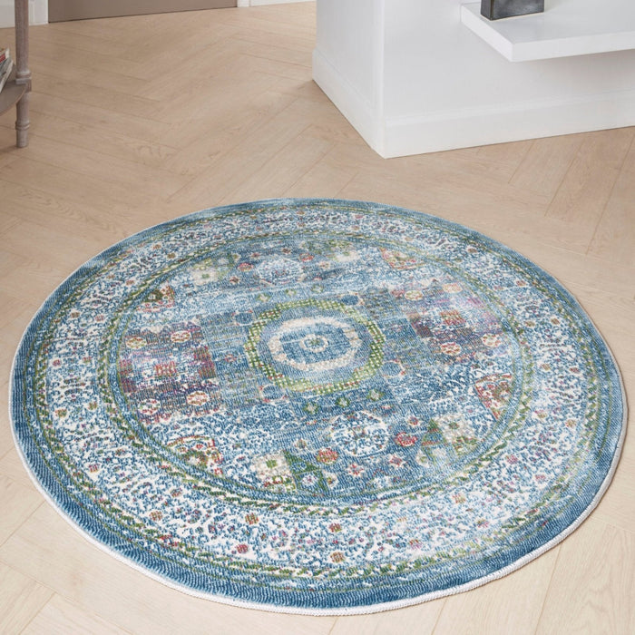 Nourison Ankara Global ANR17 ivoor lichtblauw rond vloerkleed