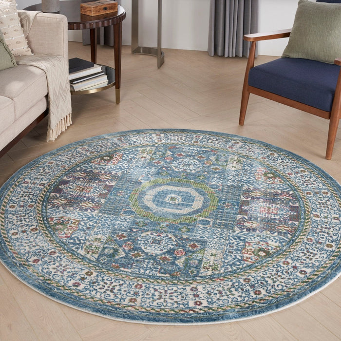 Nourison Ankara Global ANR17 ivoor lichtblauw rond vloerkleed