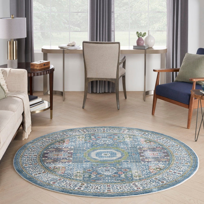 Nourison Ankara Global ANR17 ivoor lichtblauw rond vloerkleed