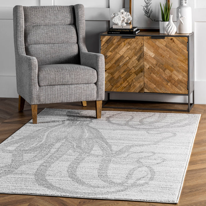 Octopus Area Rug in Silver for Coastal Home Decor