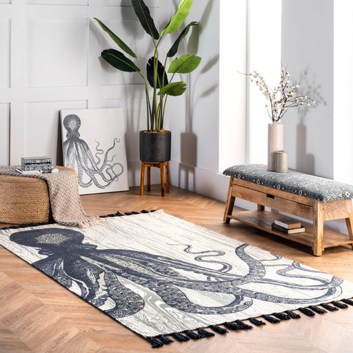 Octopus Tassel Area Rug in Ivory for Coastal Decor
