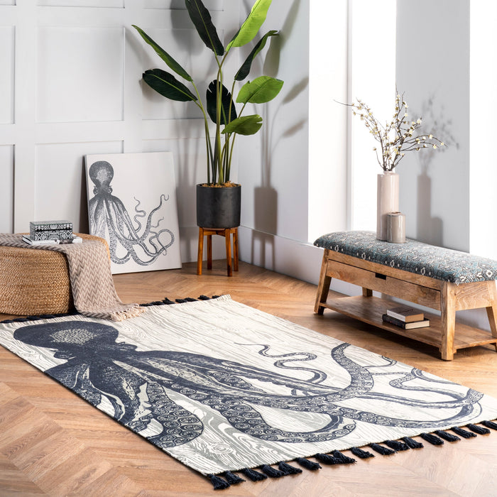 Octopus Tassel Area Rug in Ivory for Coastal Decor