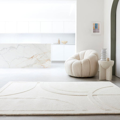 Olsen Movement Modern Plain Abstract Hand Carved Hi-Low Textured Wool Cream Rug