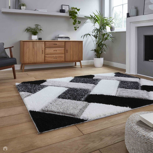 Olympia 2239 3D Geometric Plush Hand Carved Soft Polypropylene Shaggy Black/White/Grey Rug