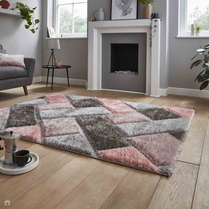 Olympia 2239 3D geometrisch pluche handgesneden zacht polypropyleen shaggy grijs/roze vloerkleed 120 x 170 cm