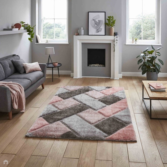 Olympia 2239 3D geometrisch pluche handgesneden zacht polypropyleen shaggy grijs/roze vloerkleed 120 x 170 cm