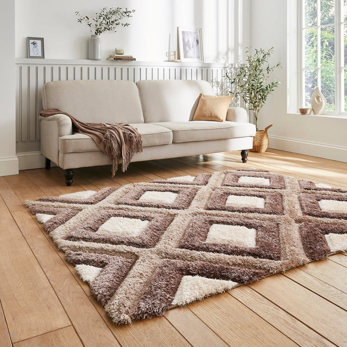 Olympia GR224 3D Geometrisch Pluche Handgesneden Zacht Polypropyleen Shaggy Beige/Bruin/Crème Vloerkleed