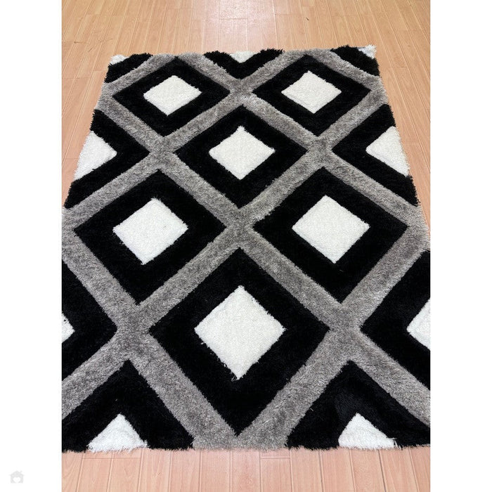 Olympia GR224 3D Geometric Plush Hand Carved Soft Polypropylene Shaggy Black/White/Grey Rug