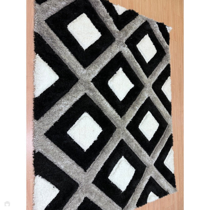 Olympia GR224 3D Geometric Plush Hand Carved Soft Polypropylene Shaggy Black/White/Grey Rug