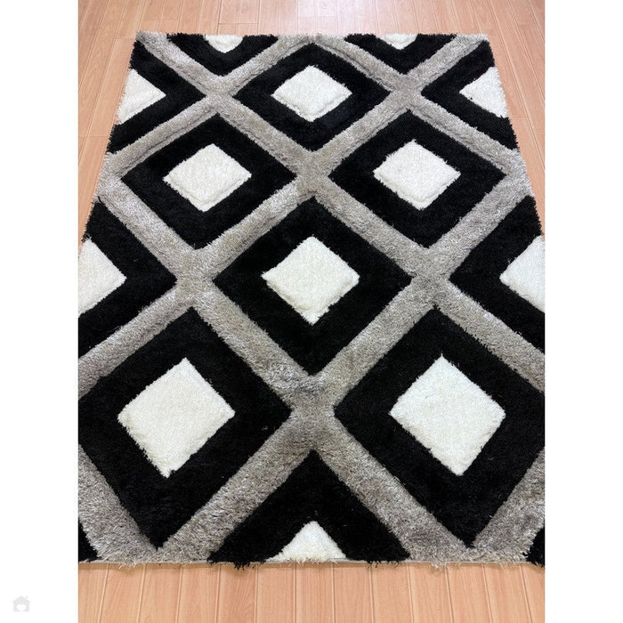 Olympia GR224 3D Geometric Plush Hand Carved Soft Polypropylene Shaggy Black/White/Grey Rug