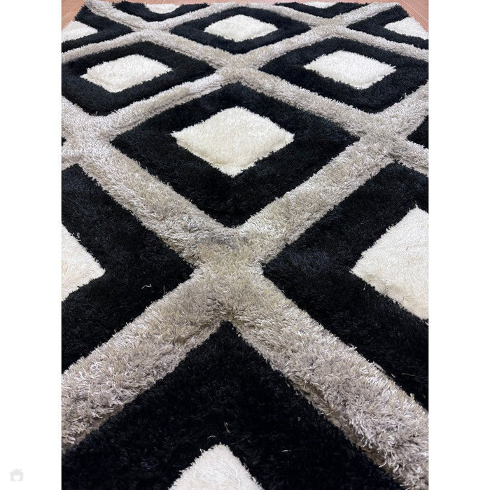 Olympia GR224 3D Geometric Plush Hand Carved Soft Polypropylene Shaggy Black/White/Grey Rug