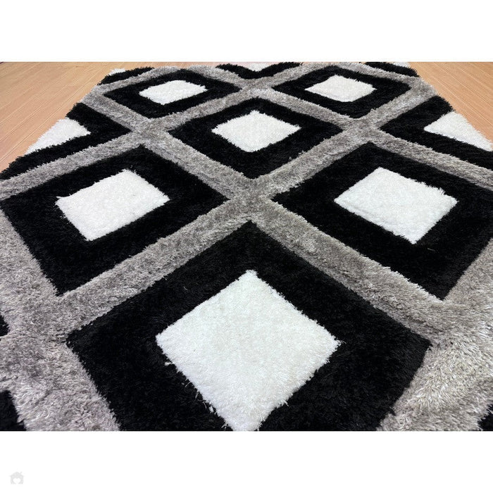 Olympia GR224 3D Geometric Plush Hand Carved Soft Polypropylene Shaggy Black/White/Grey Rug