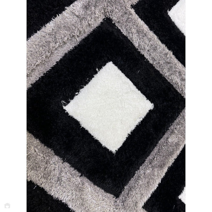 Olympia GR224 3D Geometric Plush Hand Carved Soft Polypropylene Shaggy Black/White/Grey Rug