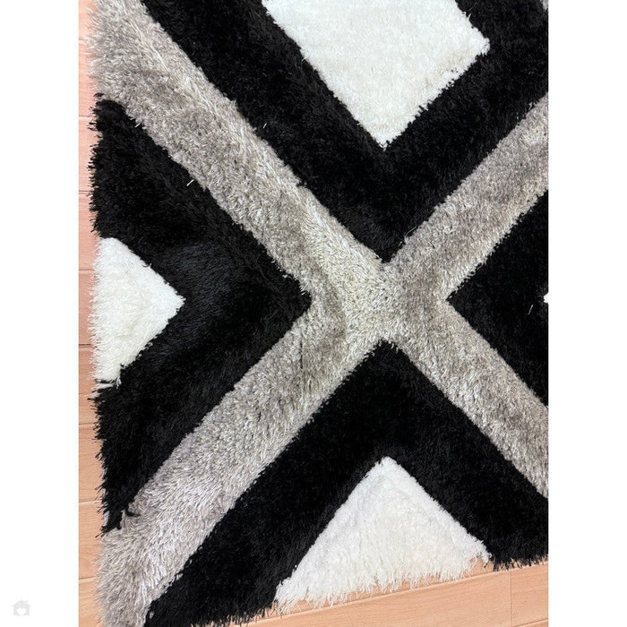 Olympia GR224 3D Geometric Plush Hand Carved Soft Polypropylene Shaggy Black/White/Grey Rug