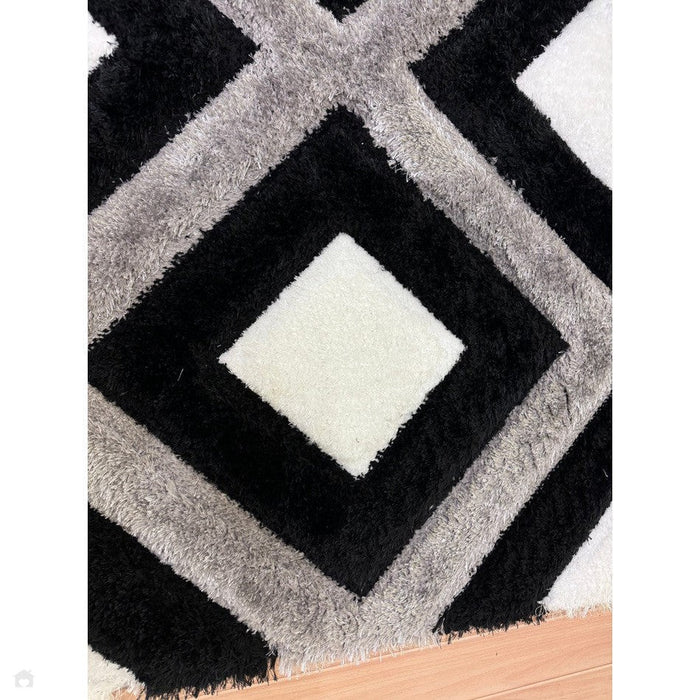 Olympia GR224 3D Geometric Plush Hand Carved Soft Polypropylene Shaggy Black/White/Grey Rug