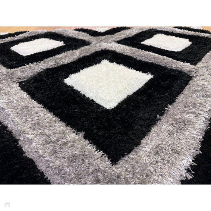 Olympia GR224 3D Geometric Plush Hand Carved Soft Polypropylene Shaggy Black/White/Grey Rug