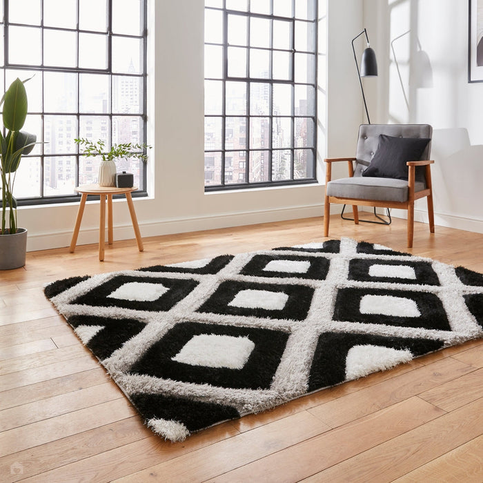 Olympia GR224 3D Geometric Plush Hand Carved Soft Polypropylene Shaggy Black/White/Grey Rug