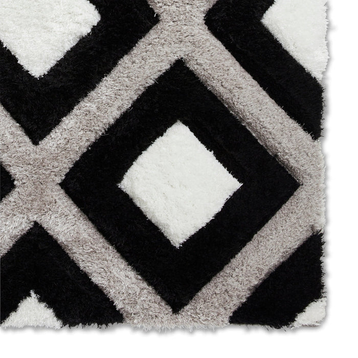 Olympia GR224 3D Geometric Plush Hand Carved Soft Polypropylene Shaggy Black/White/Grey Rug