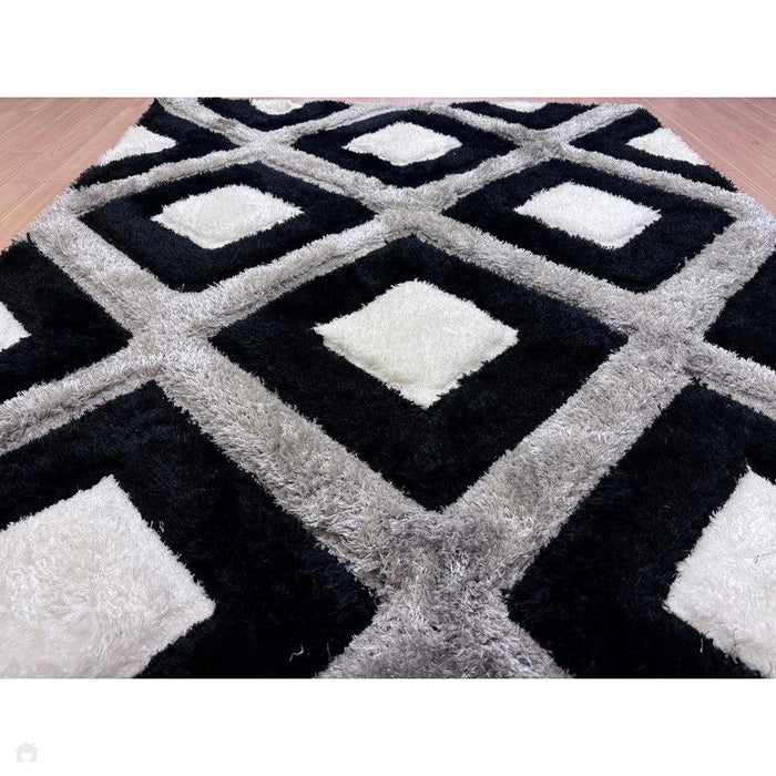 Olympia GR224 3D Geometric Plush Hand Carved Soft Polypropylene Shaggy Black/White/Grey Rug