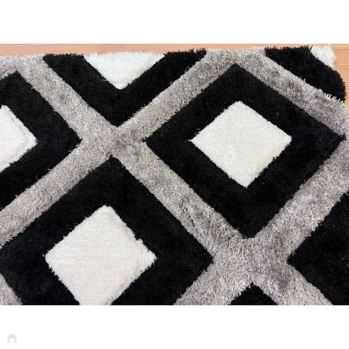 Olympia GR224 3D Geometric Plush Hand Carved Soft Polypropylene Shaggy Black/White/Grey Rug