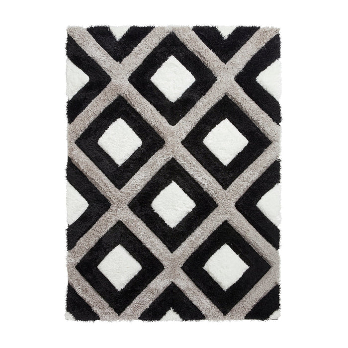 Olympia GR224 3D Geometric Plush Hand Carved Soft Polypropylene Shaggy Black/White/Grey Rug