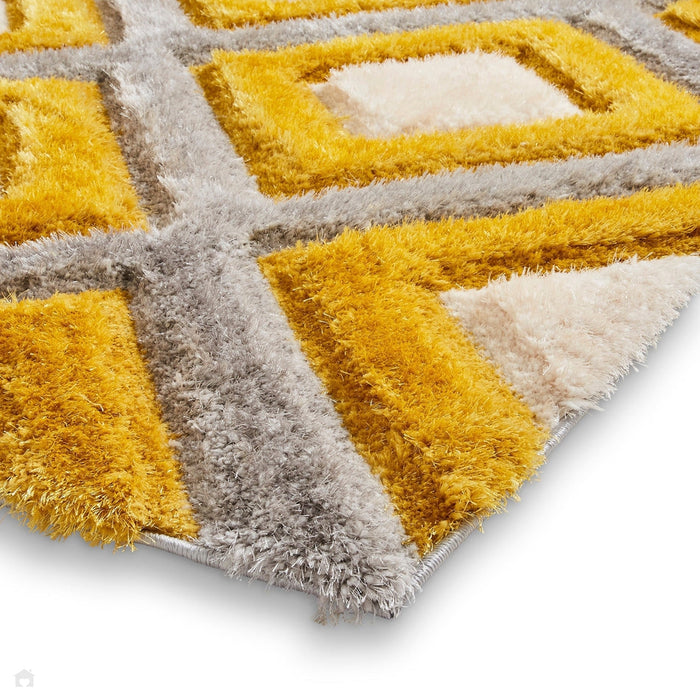 Olympia GR224 Tappeto shaggy grigio/giallo/crema in morbido polipropilene intagliato a mano in peluche geometrico 3D