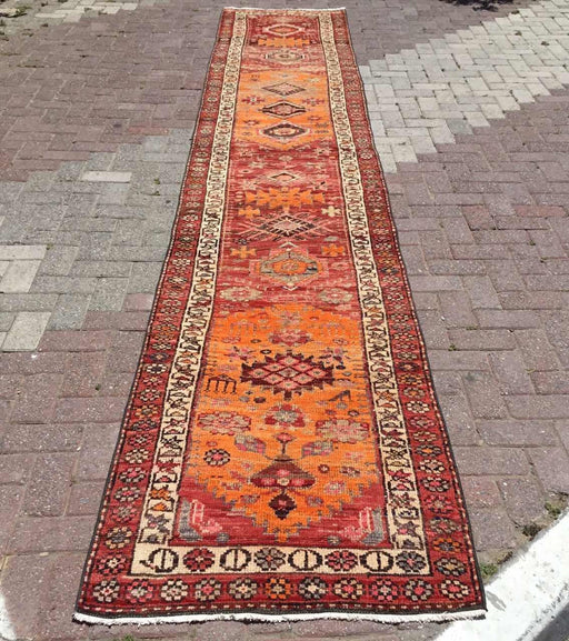 Tappeto runner tribale arancione 465 cm x 83 cm in lana intrecciata a mano