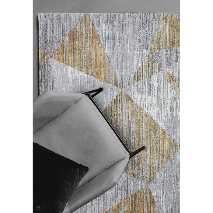 Orion OR12 Blokken Modern Geometrisch Distressed Textured Soft-Touch Metallic Shimmer Geel/Grijs/Zilver Vloerkleed