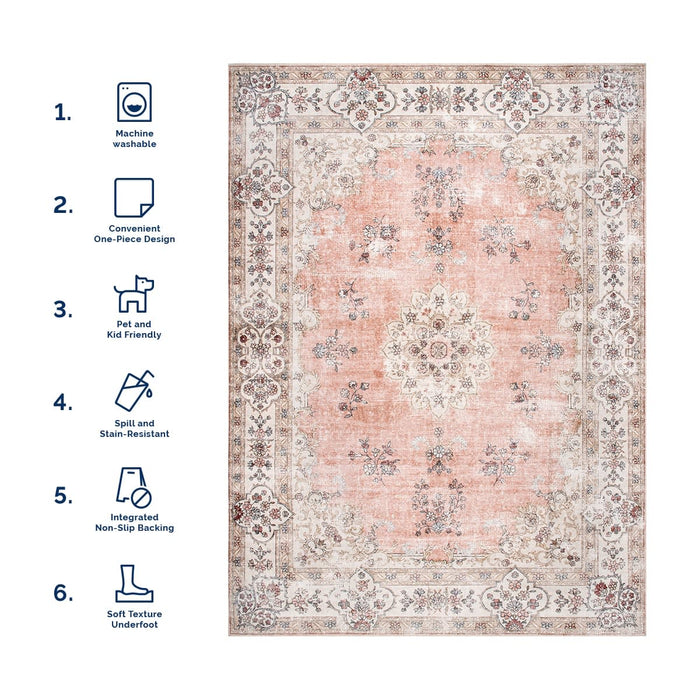Peach Rosette Medallion Machine Washable Area Rug