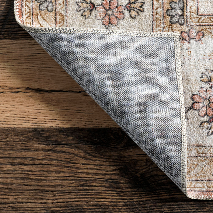 Peach Rosette Medallion Machine Washable Area Rug
