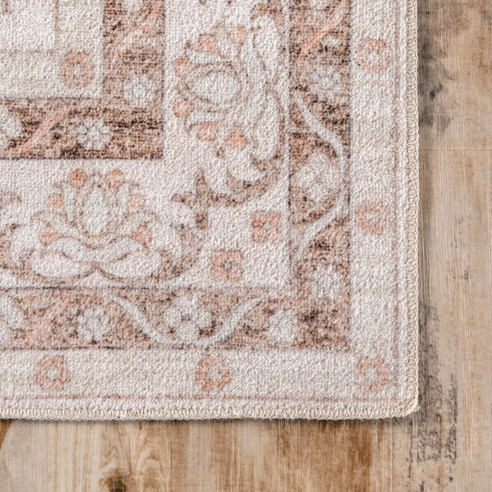 Peach Washable Area Rug With Faded Rosette Design