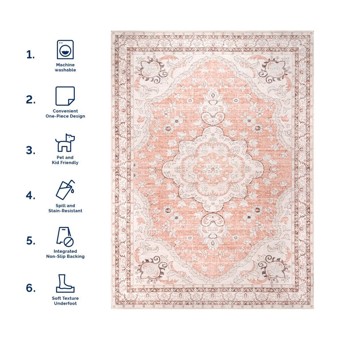 Peach Washable Area Rug With Faded Rosette Design