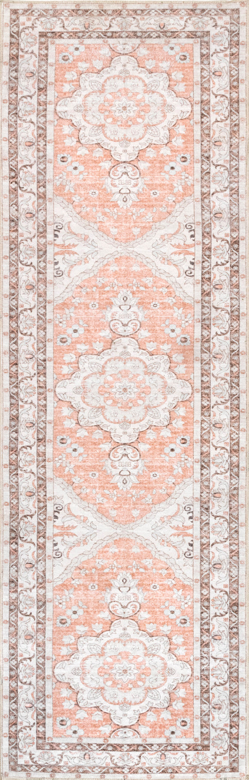 Peach Washable Area Rug With Faded Rosette Design
