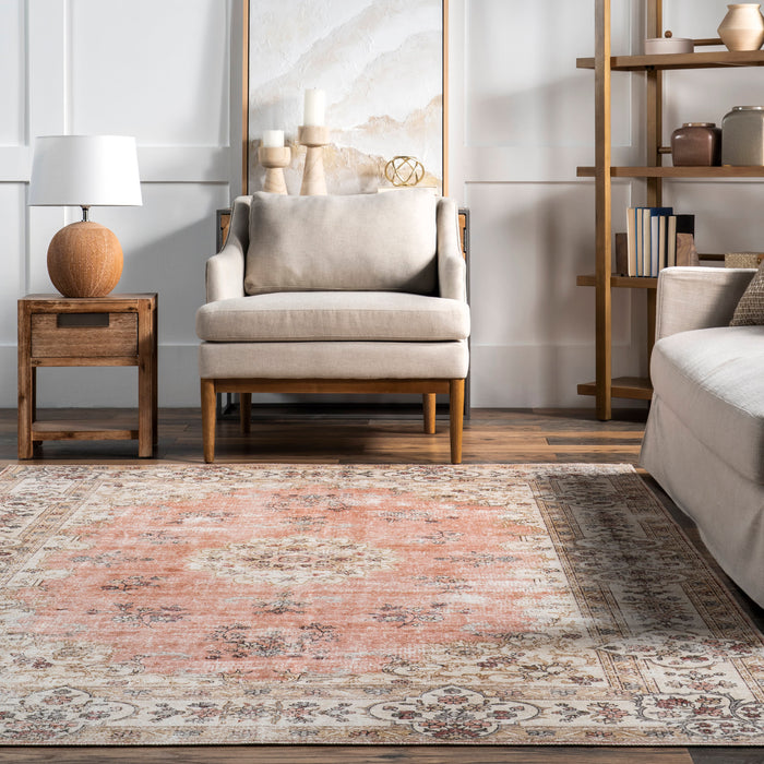 Peach Washable Rosette Medallion Area Rug 120x180 cm