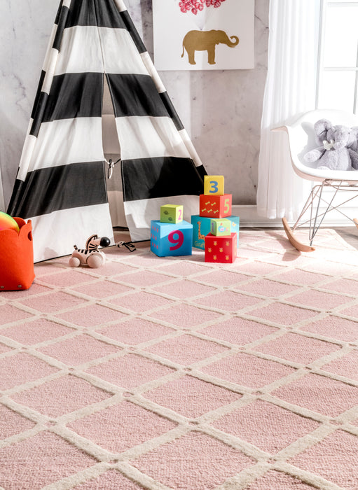 Pink Lattice Trellis Wool Area Rug for Home Spaces