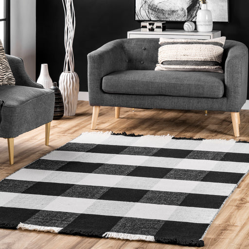 Plaid Wool Area Rug 150x240 cm Black Fringed Design