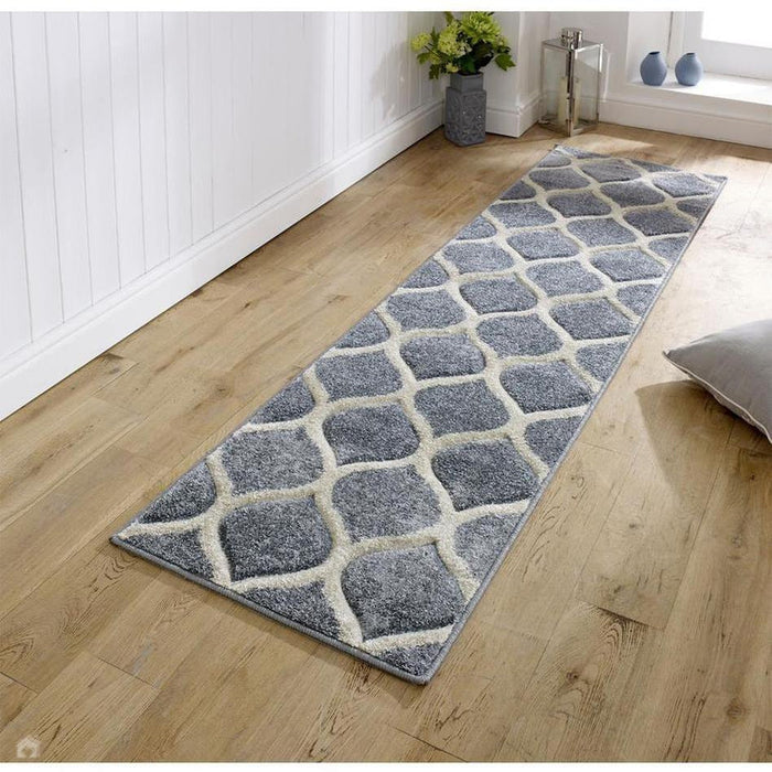 Portland 1095 1 Modern Geometric Arabesque Trellis Carved Flat-Pile Grey/Cream Runner