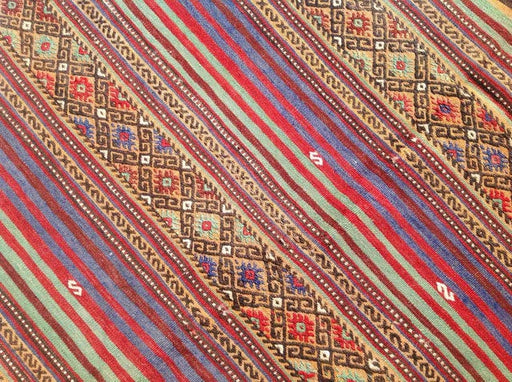 Fialová pruhovaná ručne vyrábaná kilometer Kilim 216 cm x 152 cm