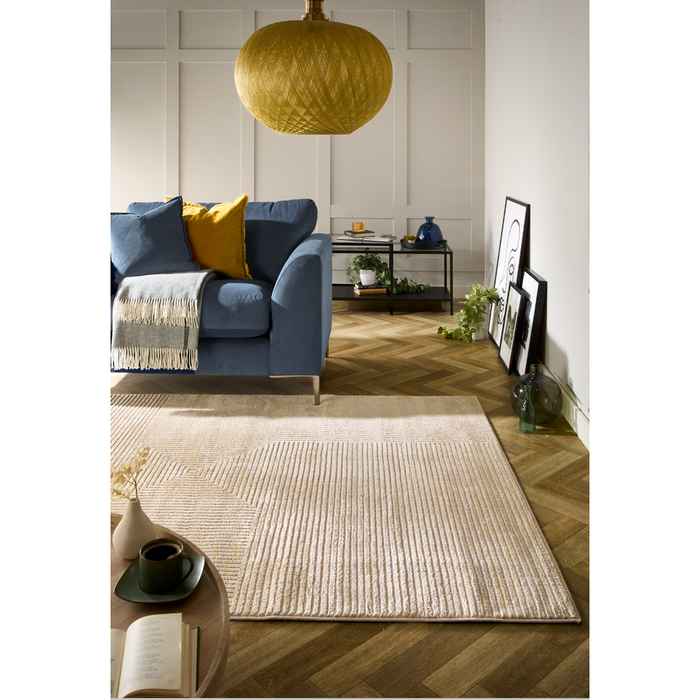 Pyramid Modern Geometric Carved Subtle Ribbed Stripe Hi-Low Textured Soft Beige/Sand/Yellow Rug