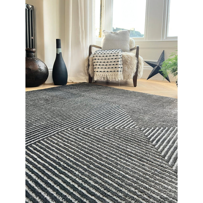 Pyramid Modern Geometric Carved Subtle Ribbed Stripe Hi-Low Textured Soft Charcoal/Grey/Yellow Rug