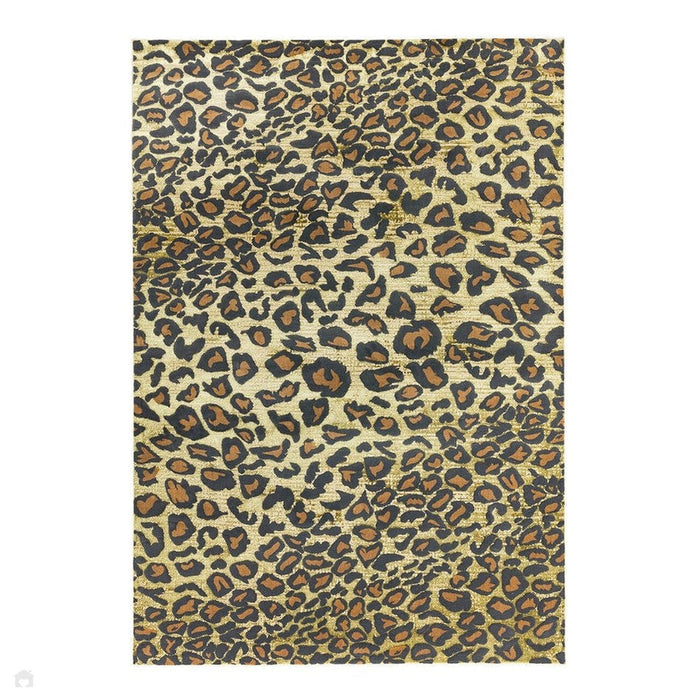 Quantum QU01 Modern Leopard Print Metallic Shimmer Flat Pile Gold/Brown/Black/Green/Grey Rug