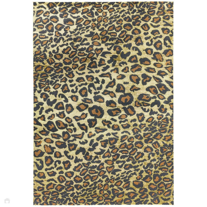 Quantum QU01 Modern Leopard Print Metallic Shimmer Flat Pile Gold/Brown/Black/Green/Grey Rug