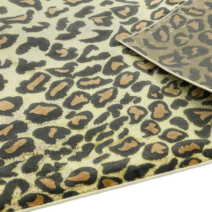 Quantum QU01 Modern Leopard Print Metallic Shimmer Flat Pile Gold/Brown/Black/Green/Grey Rug