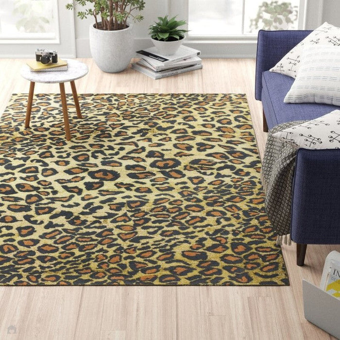 Quantum QU01 Modern Leopard Print Metallic Shimmer Flat Pile Gold/Brown/Black/Green/Grey Rug