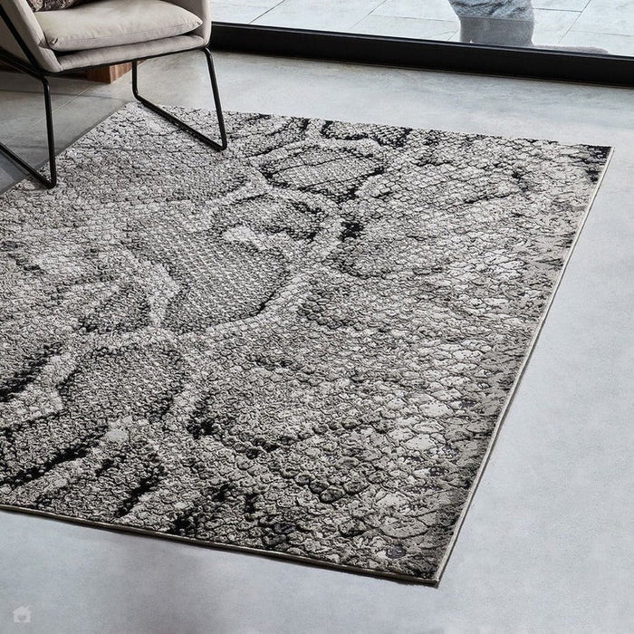 Quantum QU03 Modern Snake Print Metallic Shimmer Flat Pile Black/Grey/Cream Rug