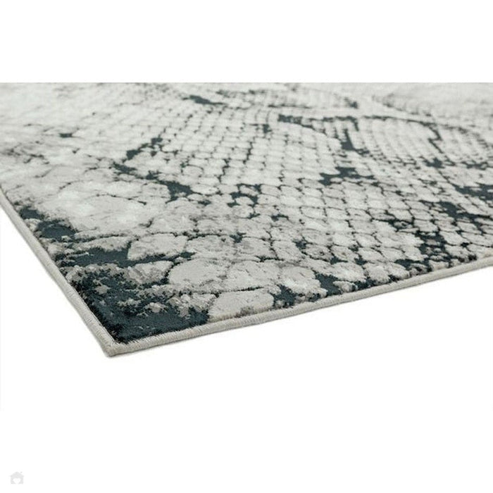 Quantum QU03 Modern Snake Print Metallic Shimmer Flat Pile Black/Grey/Cream Rug