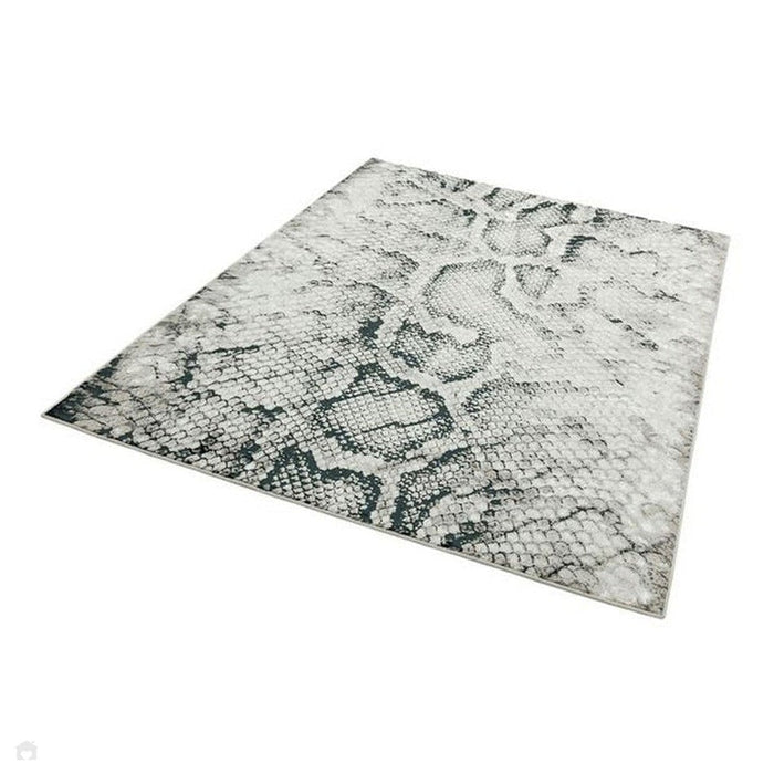 Quantum QU03 Modern Snake Print Metallic Shimmer Flat Pile Black/Grey/Cream Rug