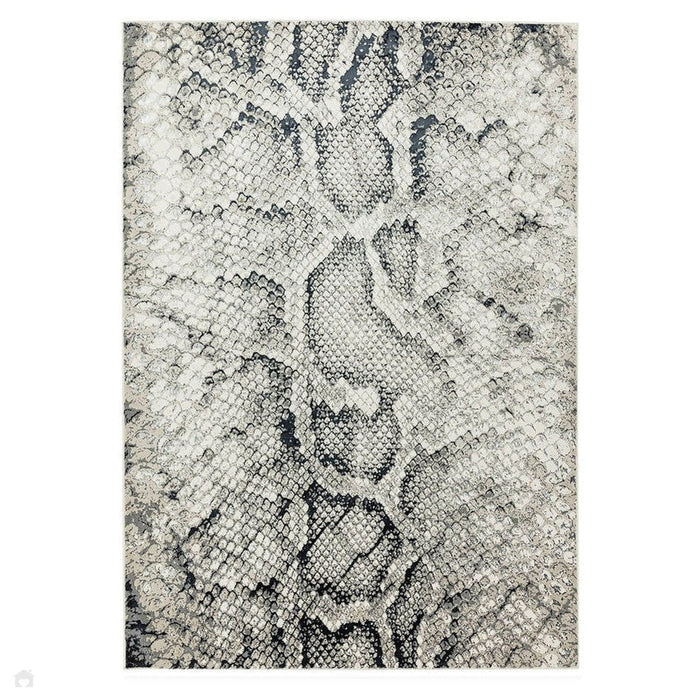 Quantum QU03 Modern Snake Print Metallic Shimmer Flat Pile Black/Grey/Cream Rug