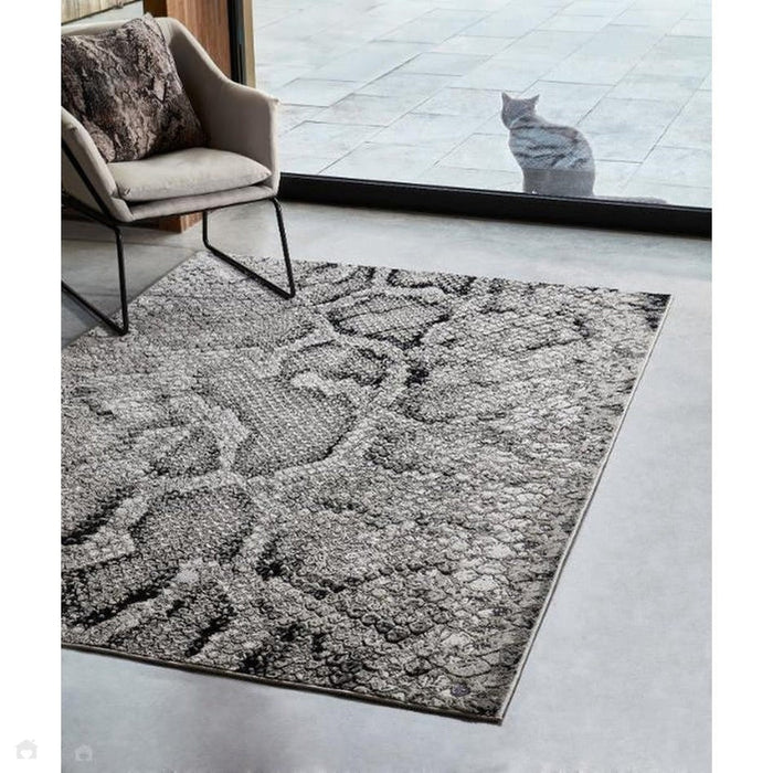 Quantum QU03 Modern Snake Print Metallic Shimmer Flat Pile Black/Grey/Cream Rug