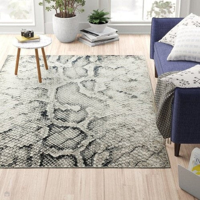 Quantum QU03 Modern Snake Print Metallic Shimmer Flat Pile Black/Grey/Cream Rug